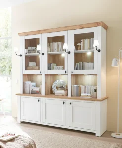 Home affaire Buffet »Bristol, Bücherschrank im Landhausstil, moderner Hochschrank« schwarze Metallgriffe, elegante Kranzoptik, mit Beleuchtung