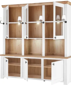Home affaire Buffet »Bristol, Bücherschrank im Landhausstil, moderner Hochschrank« schwarze Metallgriffe, elegante Kranzoptik, mit Beleuchtung