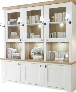 Home affaire Buffet »Bristol, Bücherschrank im Landhausstil, moderner Hochschrank« schwarze Metallgriffe, elegante Kranzoptik, mit Beleuchtung