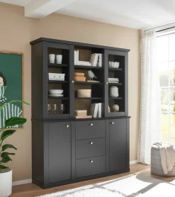 Home affaire Buffet »Lincoln, Hochschrank im Landhausstil, moderner Schrank« edles Design, messingfarbene Knopfgriffe, vielseitig einsetzbar