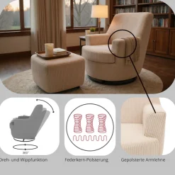 Home affaire Drehsessel »HETTY, Drehsessel mit Wippfunktion und Hocker; Lesesessel, Armsessel« Set, 2 Stk. tlg. mit Dreh/Wippfunktion, mit Federkern, in Cord und Microfaser