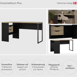 Home affaire Eckschreibtisch »Plus« Schreibtisch mit vielen Stauraummöglichkeiten, Gestell aus Metall