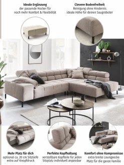 Home affaire Ecksofa »Ancona New, wahlweise motorische Sitztiefenverstellung, auch in Cord« feine Steppung, mit Kopfteilverstellung, 3 Zierkissen,L-Form
