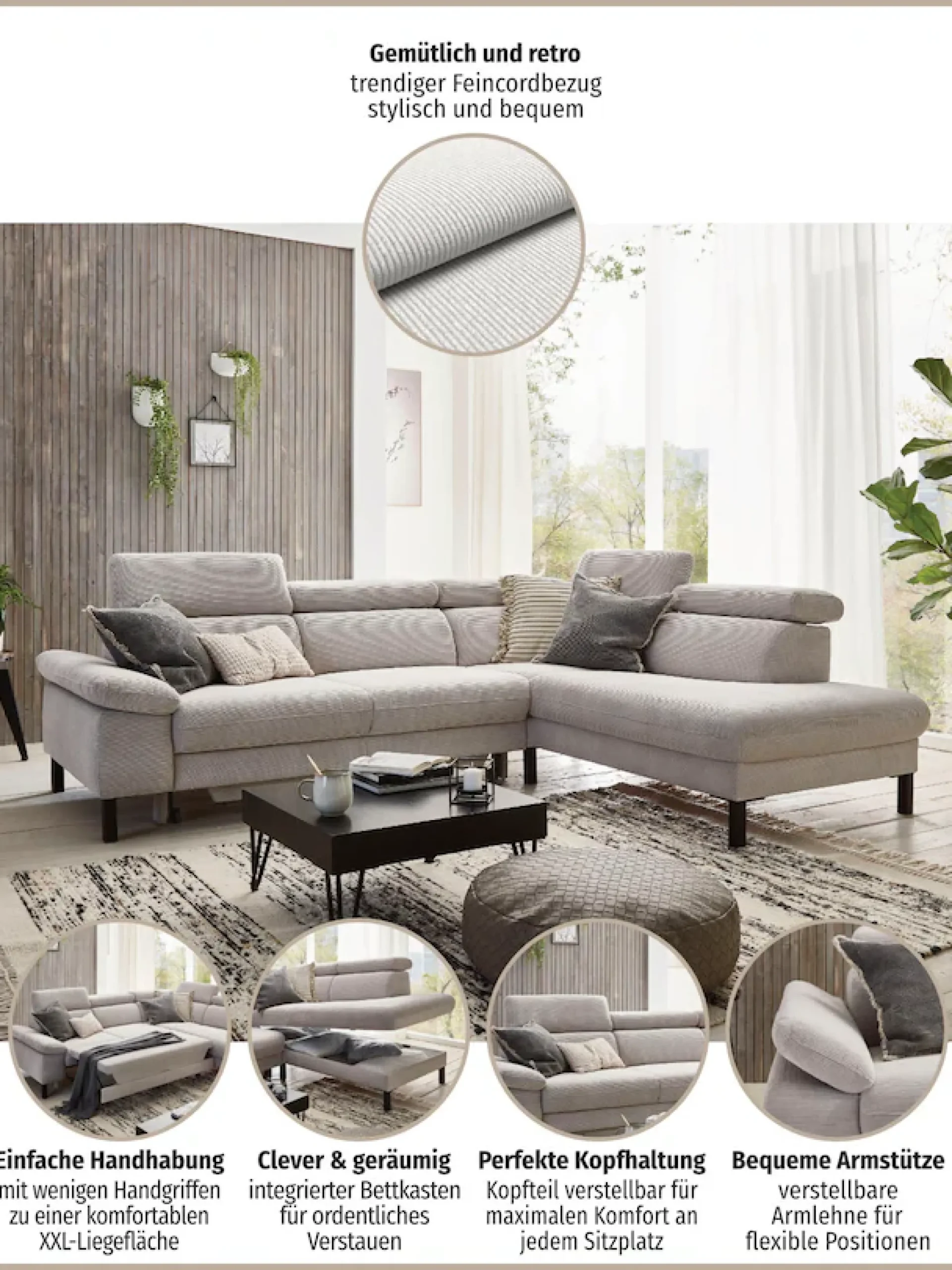 Home affaire Ecksofa »Arnayon mit Querschläfer-Bettfunktion, Schlafsofa, großer Bettkasten« manuelle Kopfteilverstellung, Tonnentaschen-Federkern, Feincord L-Form