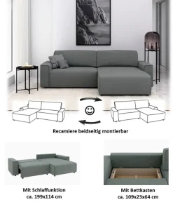 Home affaire Ecksofa »Chance, Recamiere beidseitig montierbar, Schlaffunktion, Breite 265 cm« in Struktur fein LINO, mit Schlaffunktion und Bettkasten