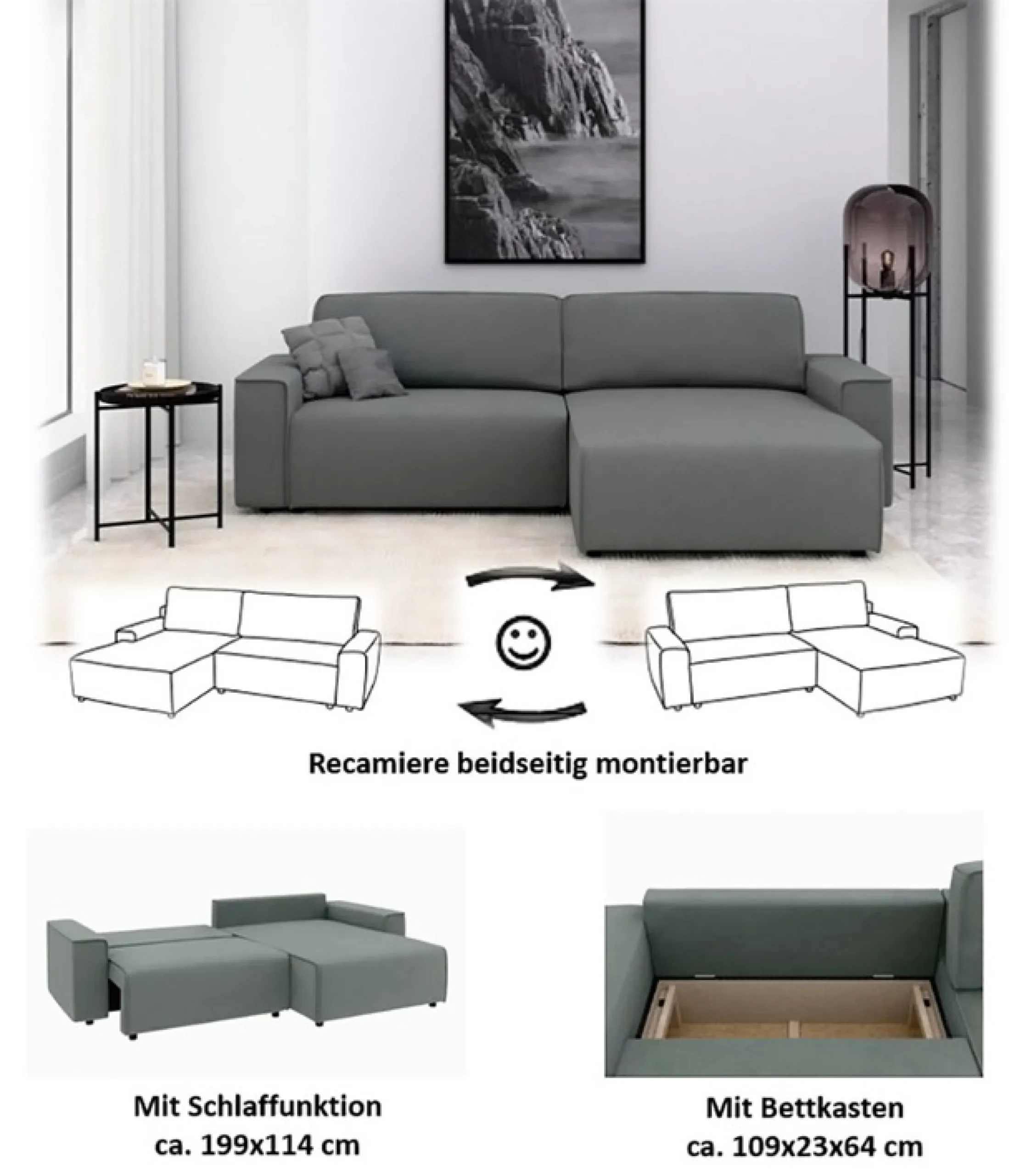Home affaire Ecksofa »Chance, Recamiere beidseitig montierbar, Schlaffunktion, Breite 265 cm« in Struktur fein LINO, mit Schlaffunktion und Bettkasten