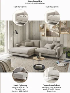 Home affaire Ecksofa »Downtown, B/T/H: 272/190/84 cm L-Form« weicher Sitzkomfort auch in Cord und Bouclé, incl. Zierkissen