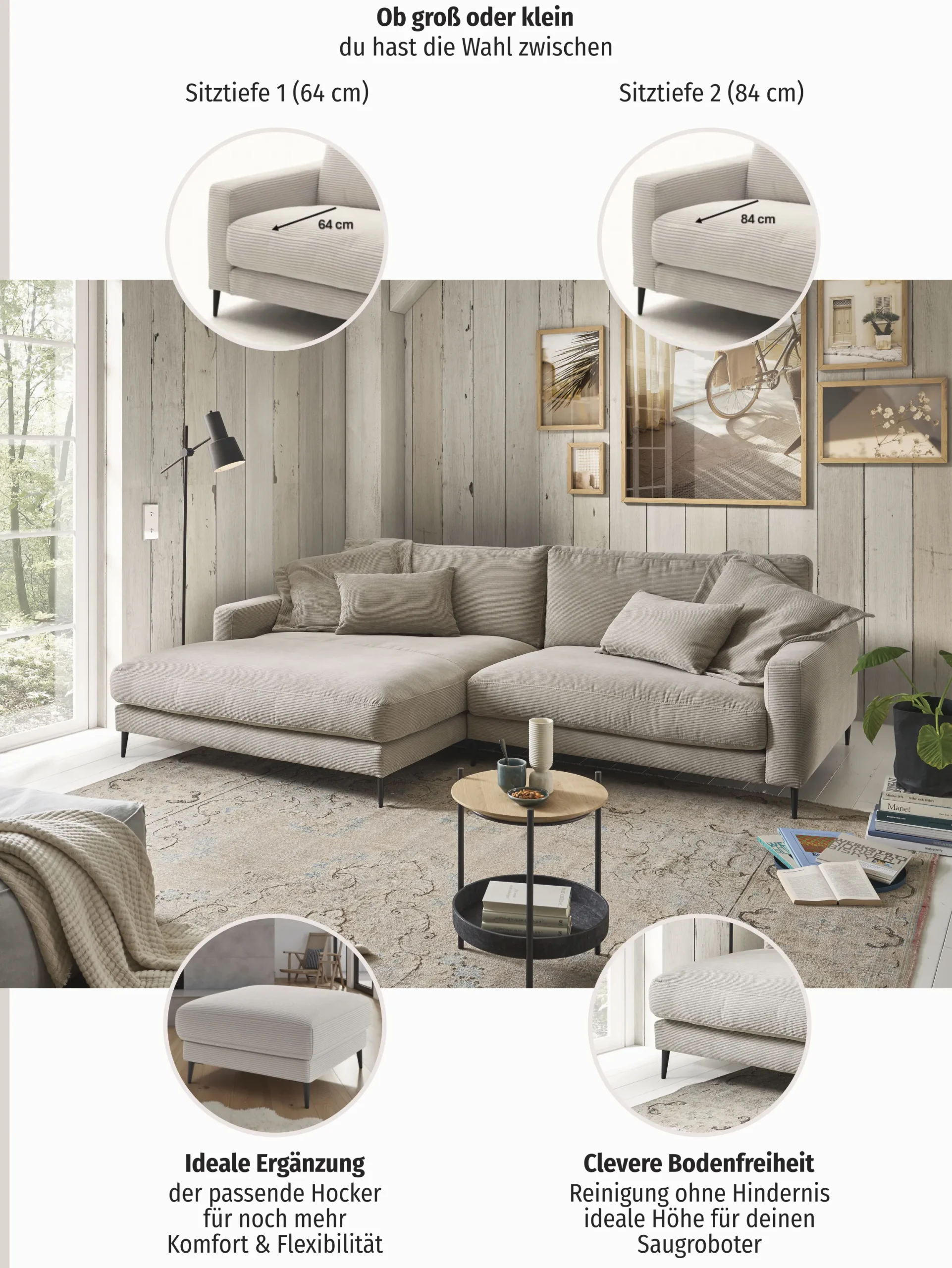 Home affaire Ecksofa »Downtown, B/T/H: 272/190/84 cm L-Form« weicher Sitzkomfort auch in Cord und Bouclé, incl. Zierkissen