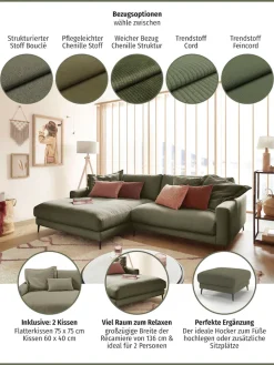 Home affaire Ecksofa »Downtown, B/T/H: 272/190/84 cm L-Form« weicher Sitzkomfort auch in Cord und Bouclé, incl. Zierkissen