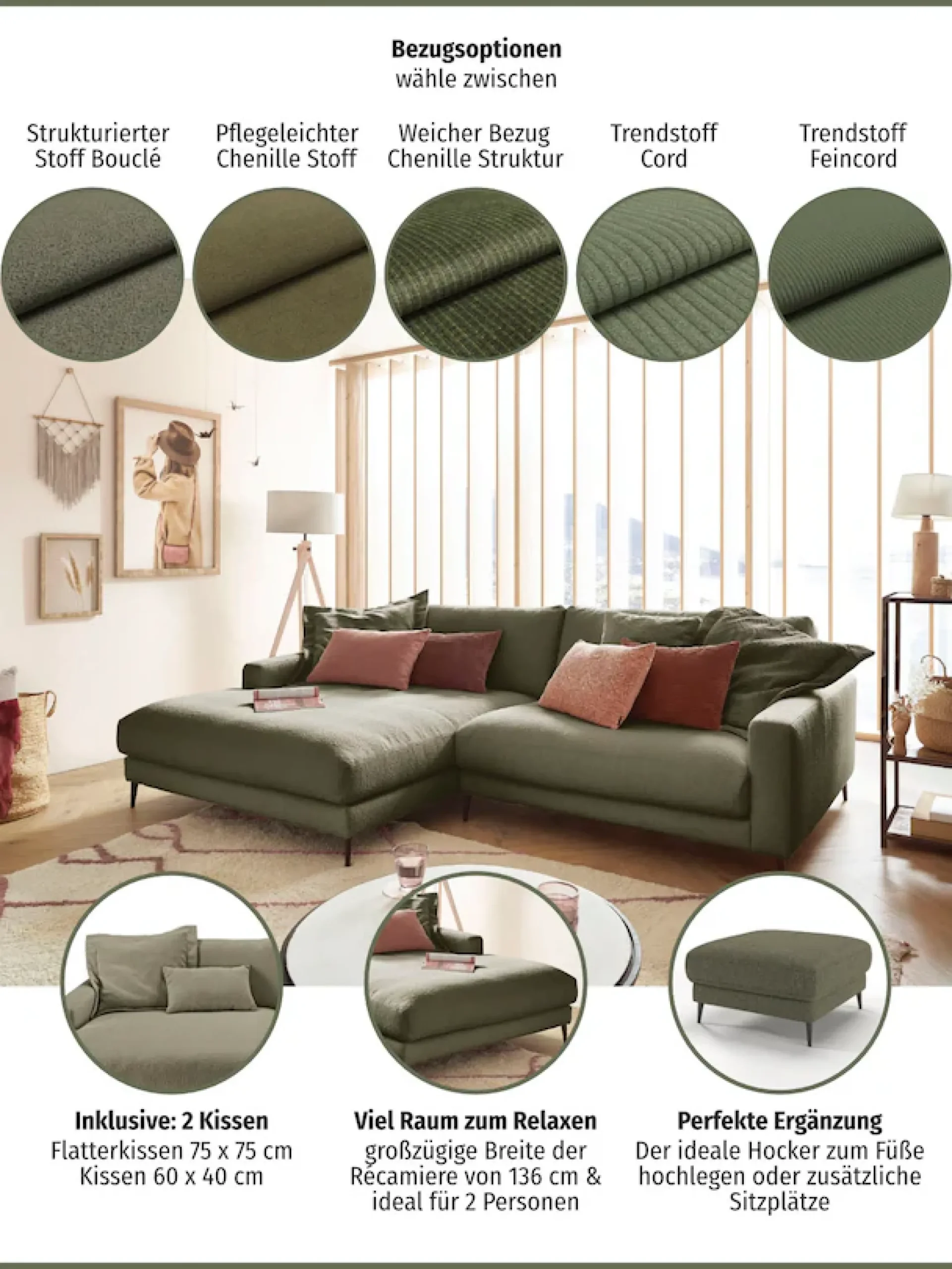 Home affaire Ecksofa »Downtown, B/T/H: 272/190/84 cm L-Form« weicher Sitzkomfort auch in Cord und Bouclé, incl. Zierkissen