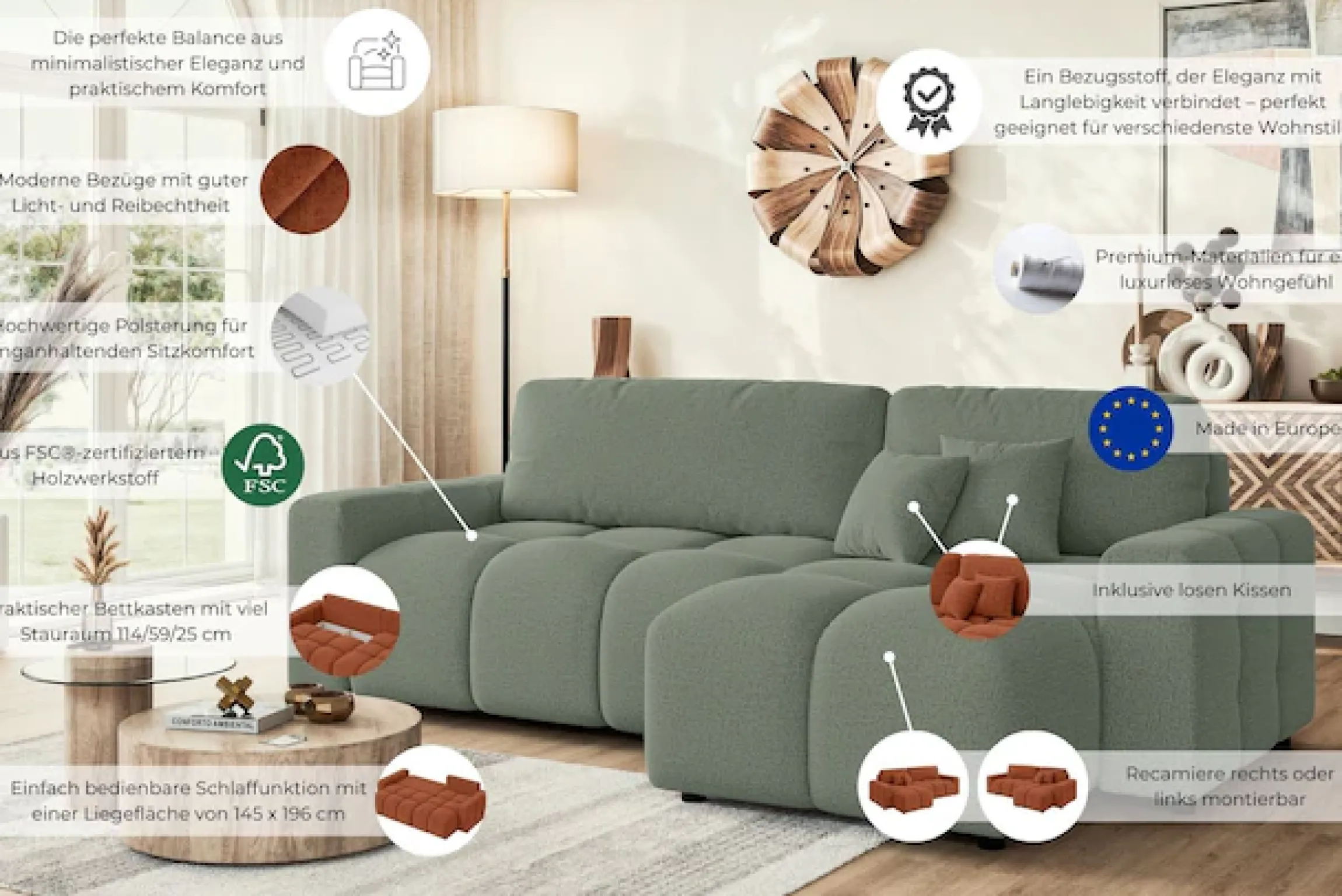Home affaire Ecksofa »FELICI, Schlafsofa 233cm, L-Form mit Recamiere beidseitig montierbar« Designsofa mit Bettfunktion und Bettkasten, Maße B/T/H: 233/142/88 cm