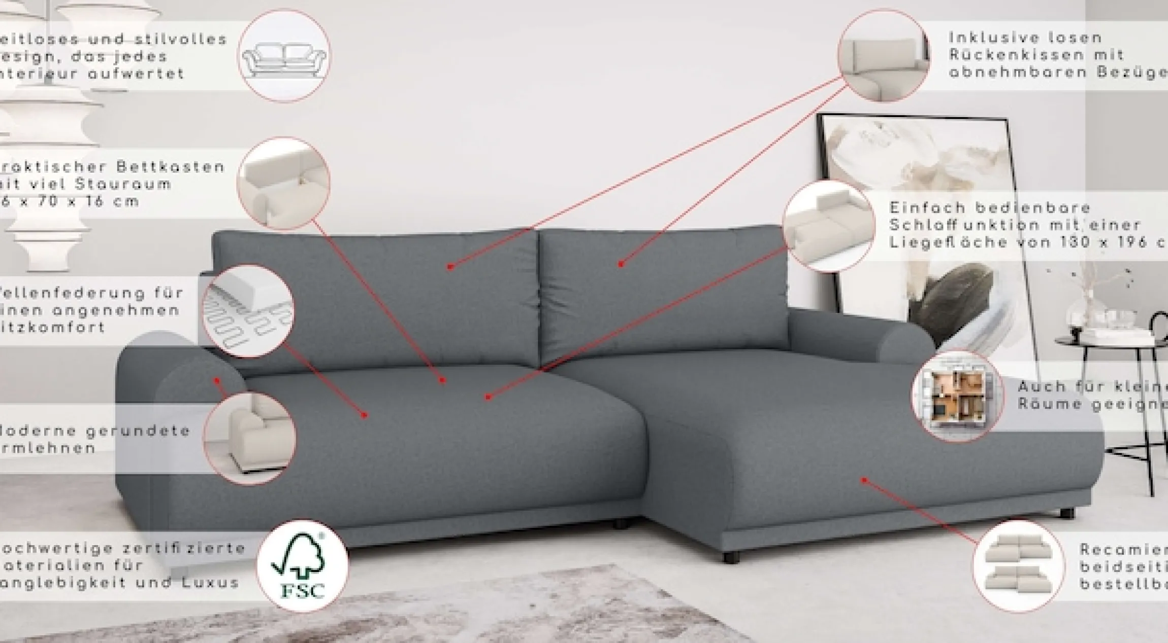 Home affaire Ecksofa »Marsby, mit Bettfunktion und Bettkasten, Maße: B/H/T 242/65/145 cm« L-Form mit Wellenunterfederung, Recamiere links oder rechts bestellbar