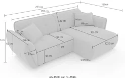 Home affaire Ecksofa »MIRELDA L-Form mit Steppungen, Recamiere rechts/links, Breite 253 cm« Sitztiefe 62 cm, elegant und bequem, 2 Zierkissen, belastbar bis 480kg