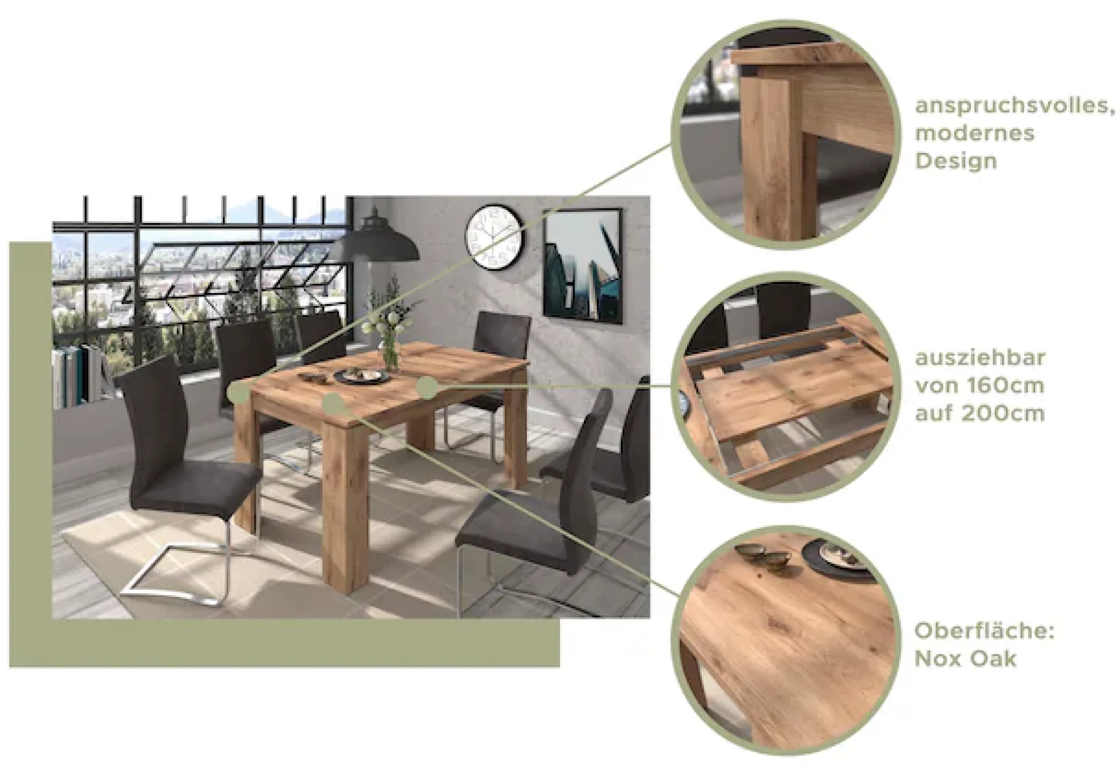 Home affaire Esstisch »Kalmar, rechteckig, 160 cm ausziehbar auf 200 cm, inkl. Einlegeplatte« Esszimmertisch, Tisch, Küchentisch, dining table,