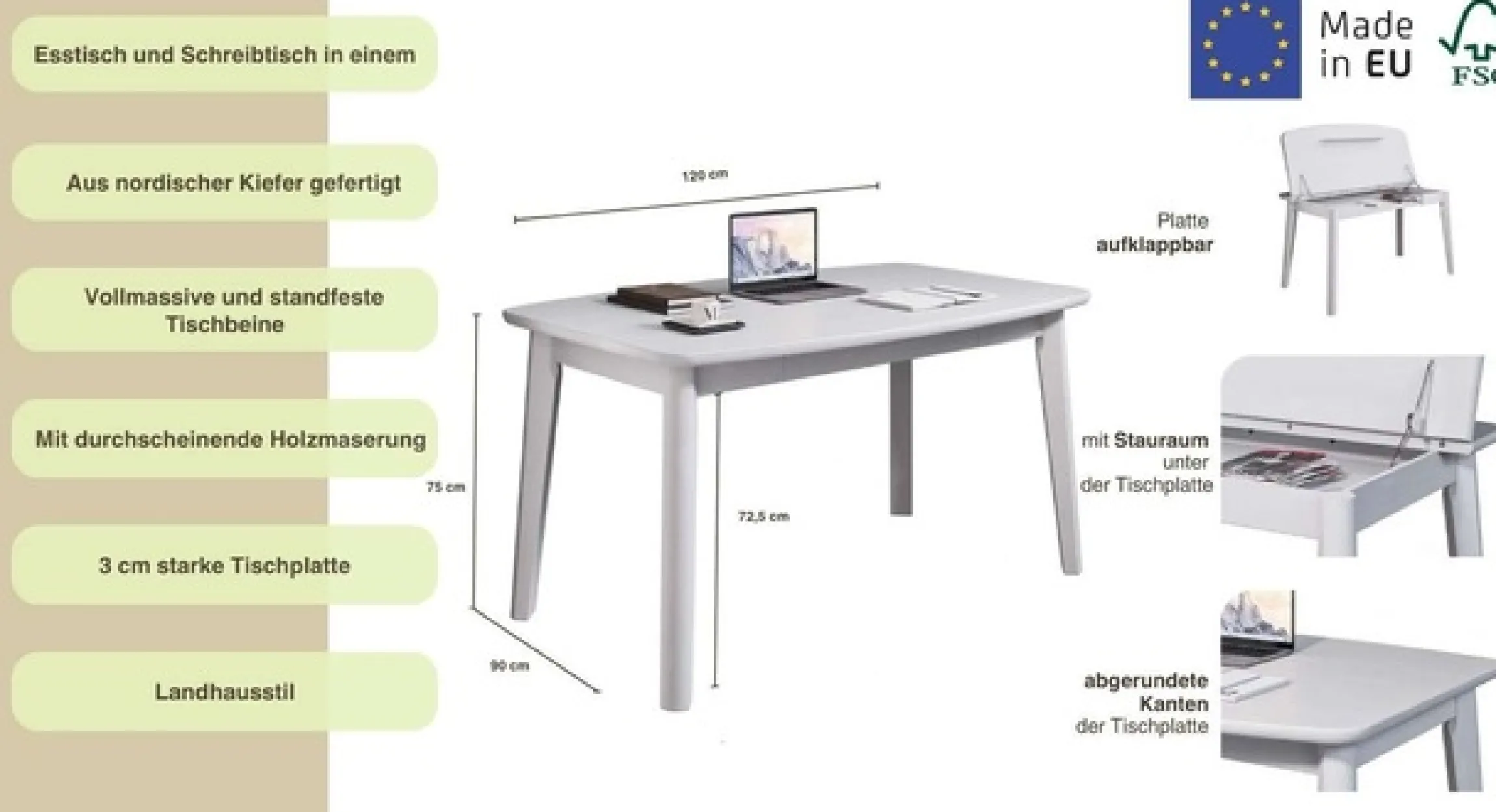 Home affaire Esstisch »Palermo, multifunktionaler Tisch, Arbeitstisch, Schreibtisch« mit Stauraum, Platte aufklappbar, Home Office Schreibtisch, Massivholz