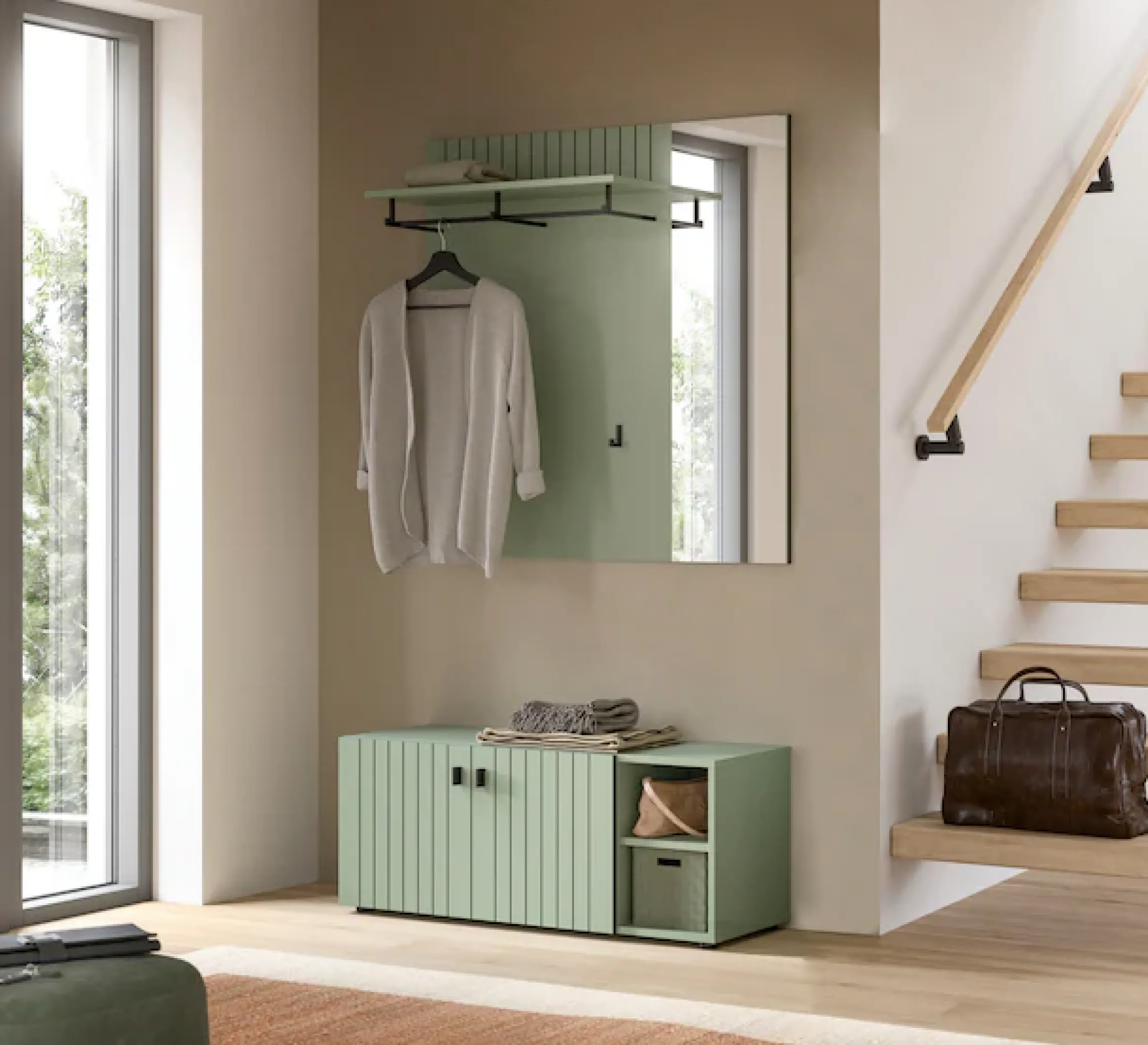 Home affaire Garderobenpaneel »TATIO, Rillenfräsung, 1 Spiegel, 1 Ablageboden, 2 Haken, Kleiderstange« 1 Stk. tlg. Garderobenpaneel mit Spiegel, Garderobe, Flur, Diele