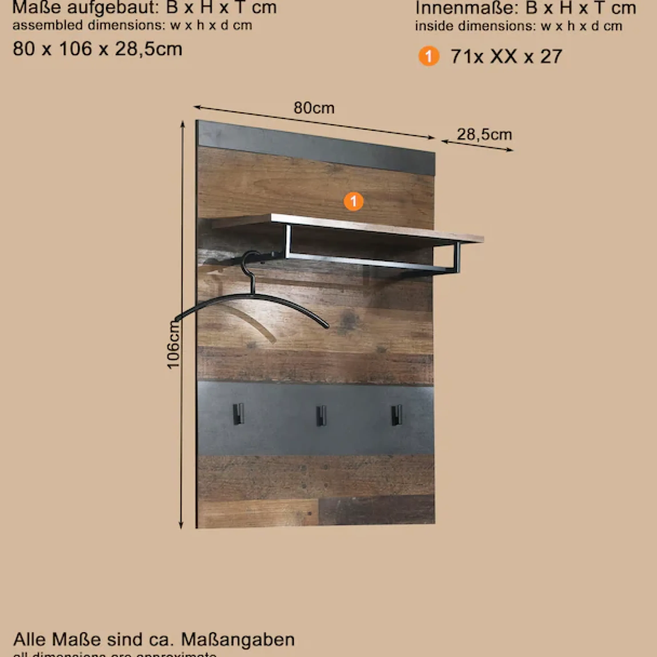 Home affaire Garderobenpaneel »Ilana« Garderobenpaneel mit Ablage & Haken - (B/T/H) 80/29/106 cm