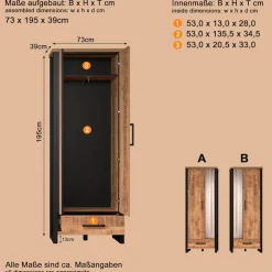 Home affaire Garderobenschrank »Elda« 1 Stk. tlg. Schrank mit ausziehbarer Kleiderstange, 2 Türen – (B/T/H) 73/39/195 cm