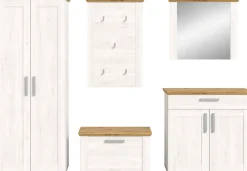 Home affaire Garderoben-Set »COSENZA,Breite ca. 285 cm, 5-teilig, in Landhausoptik« Garderobenschrank, Sitzbank, Garderobenpaneel, Schuhschrank, Spiegel, 5 Stk. tlg.