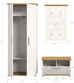 Home affaire Garderoben-Set »COSENZA,Breite ca. 175 cm, 3-teilig, in Landhausoptik« bestehend aus: Garderobenschrank, Sitzbank & Garderobenpaneel, 3 Stk. tlg.
