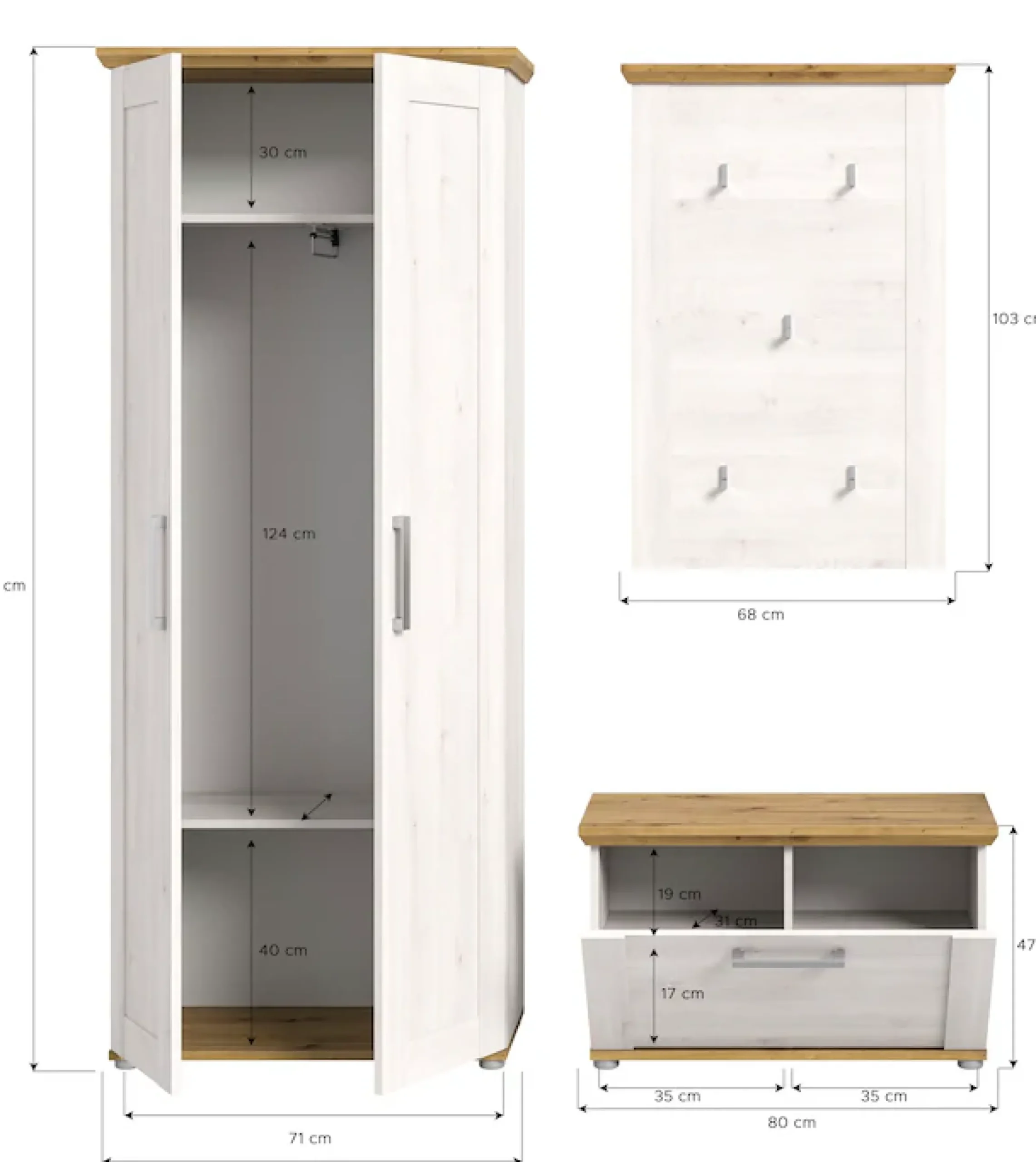 Home affaire Garderoben-Set »COSENZA,Breite ca. 175 cm, 3-teilig, in Landhausoptik« bestehend aus: Garderobenschrank, Sitzbank & Garderobenpaneel, 3 Stk. tlg.