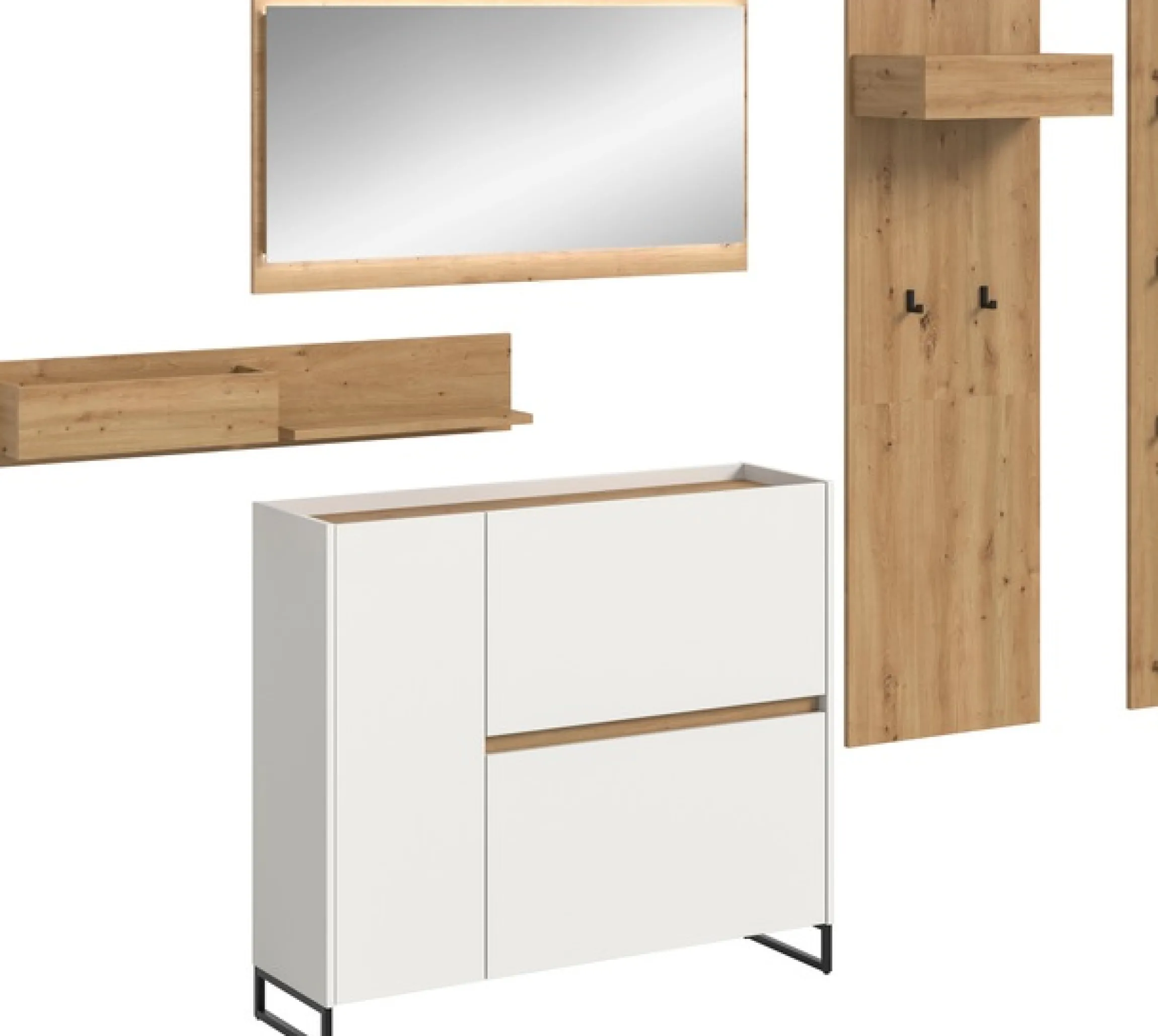 Home affaire Garderoben-Set »EVRID, 5-teilig, Breite 236 cm, inkl. Beleuchtung« best. aus: Wandboard, Kommode, Spiegel, Garderobenpaneel, Hakenleiste, 5 Stk. tlg.