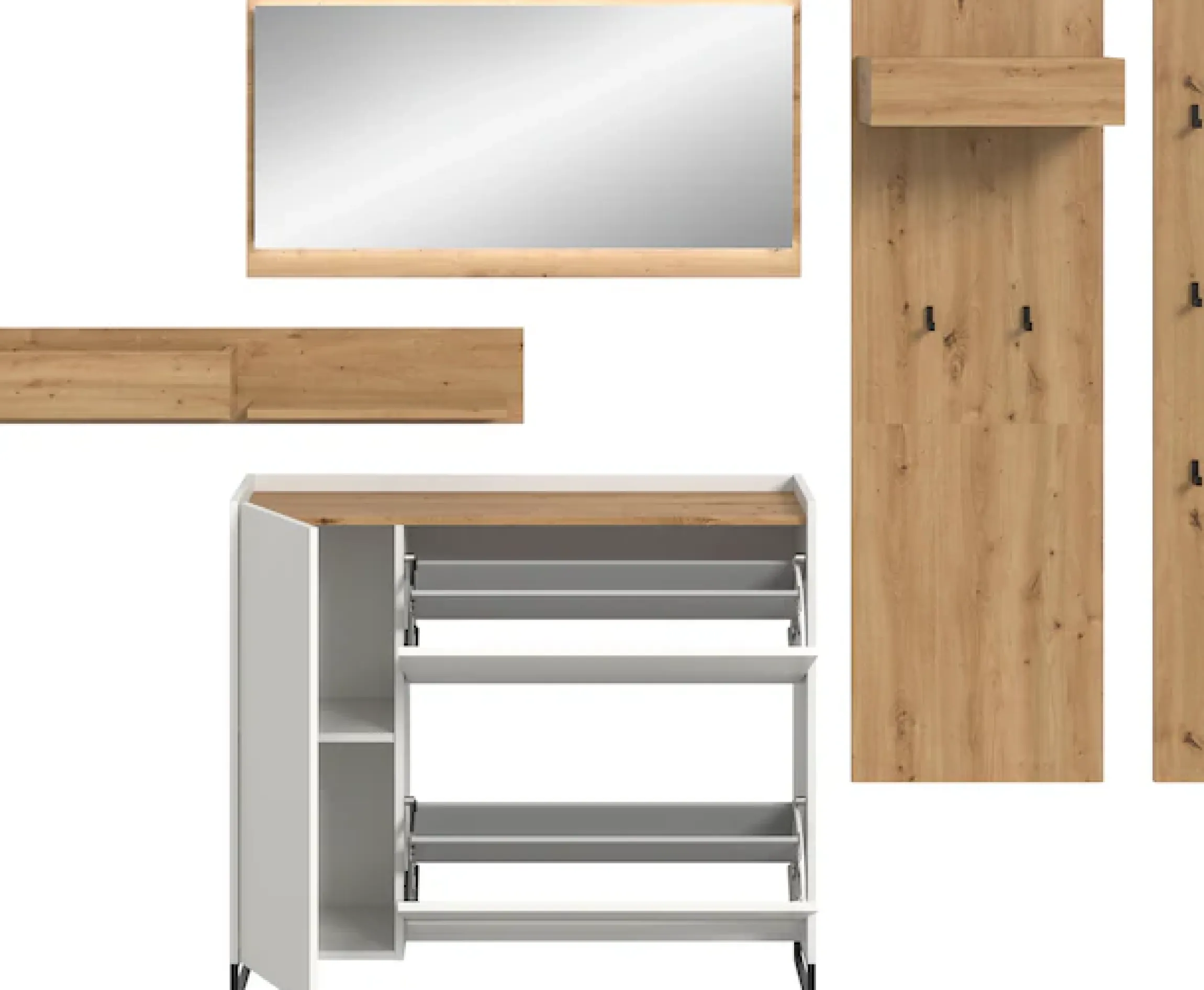 Home affaire Garderoben-Set »EVRID, 5-teilig, Breite 236 cm, inkl. Beleuchtung« best. aus: Wandboard, Kommode, Spiegel, Garderobenpaneel, Hakenleiste, 5 Stk. tlg.