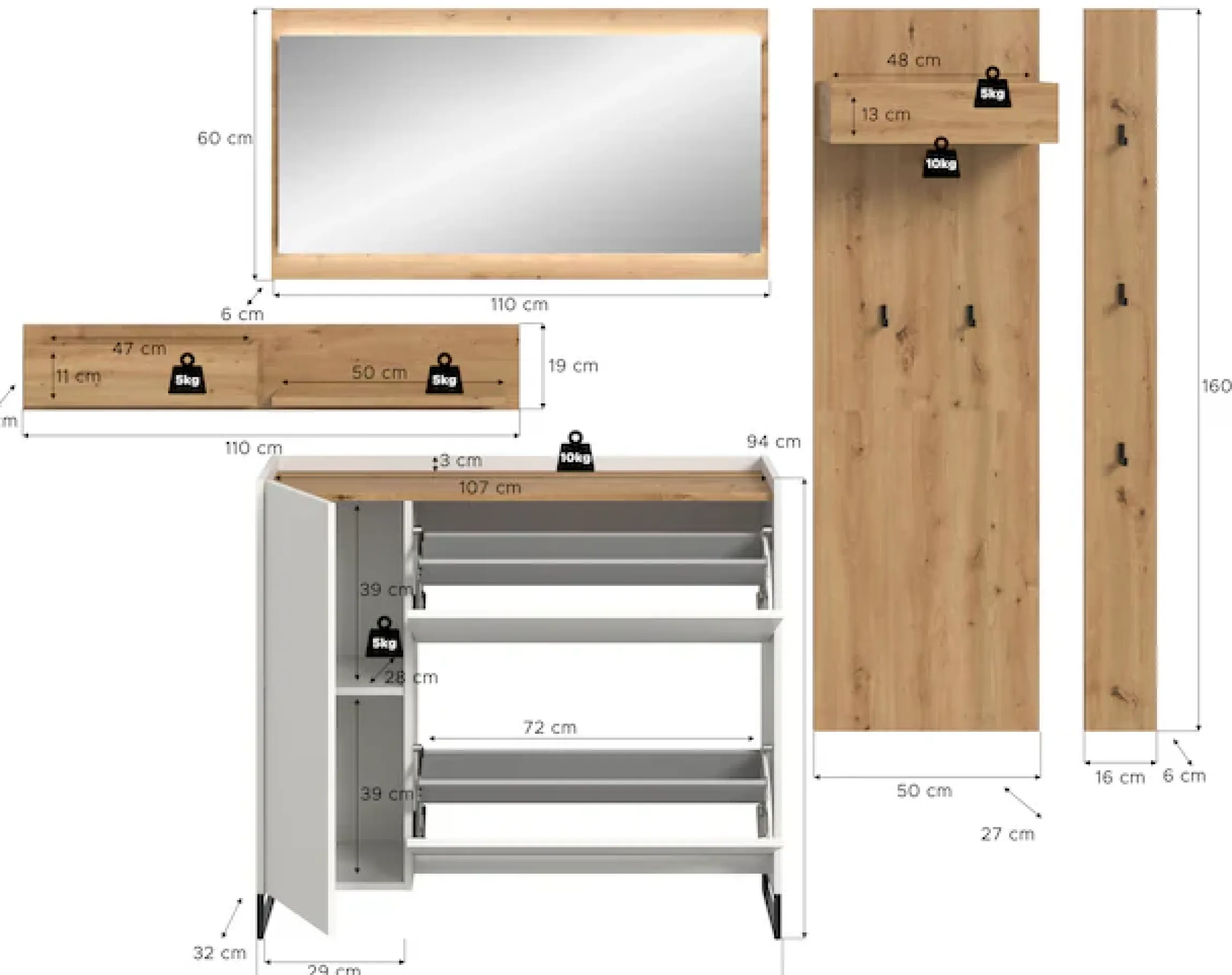 Home affaire Garderoben-Set »EVRID, 5-teilig, Breite 236 cm, inkl. Beleuchtung« best. aus: Wandboard, Kommode, Spiegel, Garderobenpaneel, Hakenleiste, 5 Stk. tlg.