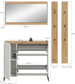 Home affaire Garderoben-Set »EVRID, 4-teilig, Breite 172 cm, individuell stellbar & erweiterbar« best. aus: Kommode, Spiegel & 2x Hakenleiste, 4 Stk. tlg.