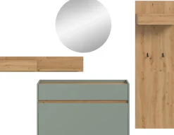 Home affaire Garderoben-Set »EVRID, 4-teilig, Breite 205 cm, individuell hängbar & erweiterbar« best. aus: Wandboard, Kommode, Spiegel, Garderobenpaneel, 4 Stk. tlg.