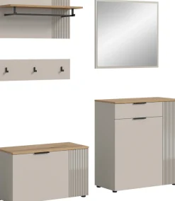 Home affaire Garderoben-Set »EDIL, Breite 175 cm, 5-teilig, Front mit hochwertiger Längstfräsung« Set, best. aus: Sitzbank, Paneel, Hakenleiste, Kommode & Spiegel, 4 Stk. tlg.