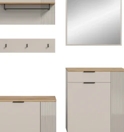 Home affaire Garderoben-Set »EDIL, Breite 175 cm, 5-teilig, Front mit hochwertiger Längstfräsung« Set, best. aus: Sitzbank, Paneel, Hakenleiste, Kommode & Spiegel, 4 Stk. tlg.