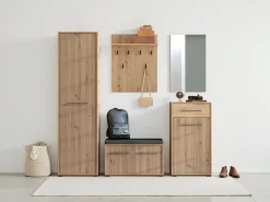 Home affaire Garderoben-Set »Landes, Schrank, Schuhbank mit Kissen, Paneel, Spiegel und Kommode« Komplett-Set, 5 Stk. tlg.