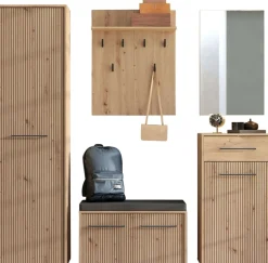 Home affaire Garderoben-Set »Landes, Schrank, Schuhbank mit Kissen, Paneel, Spiegel und Kommode« Komplett-Set, 5 Stk. tlg.