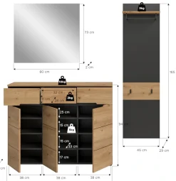 Home affaire Garderoben-Set »REHAT, TOPSELLER!, 3-teilig, Breite 180 cm, individuell erweiterbar« Set, bestehend aus: Kommode, Spiegel und Garderobenpaneel, 3 Stk. tlg.