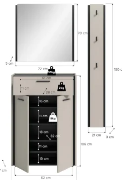 Home affaire Garderoben-Set »RAK, 3-teilige Garderoben-Kombination, Breite ca. 142 cm« Schuhkommode, Spiegel, Hakenpaneel, 3 Stk. tlg.