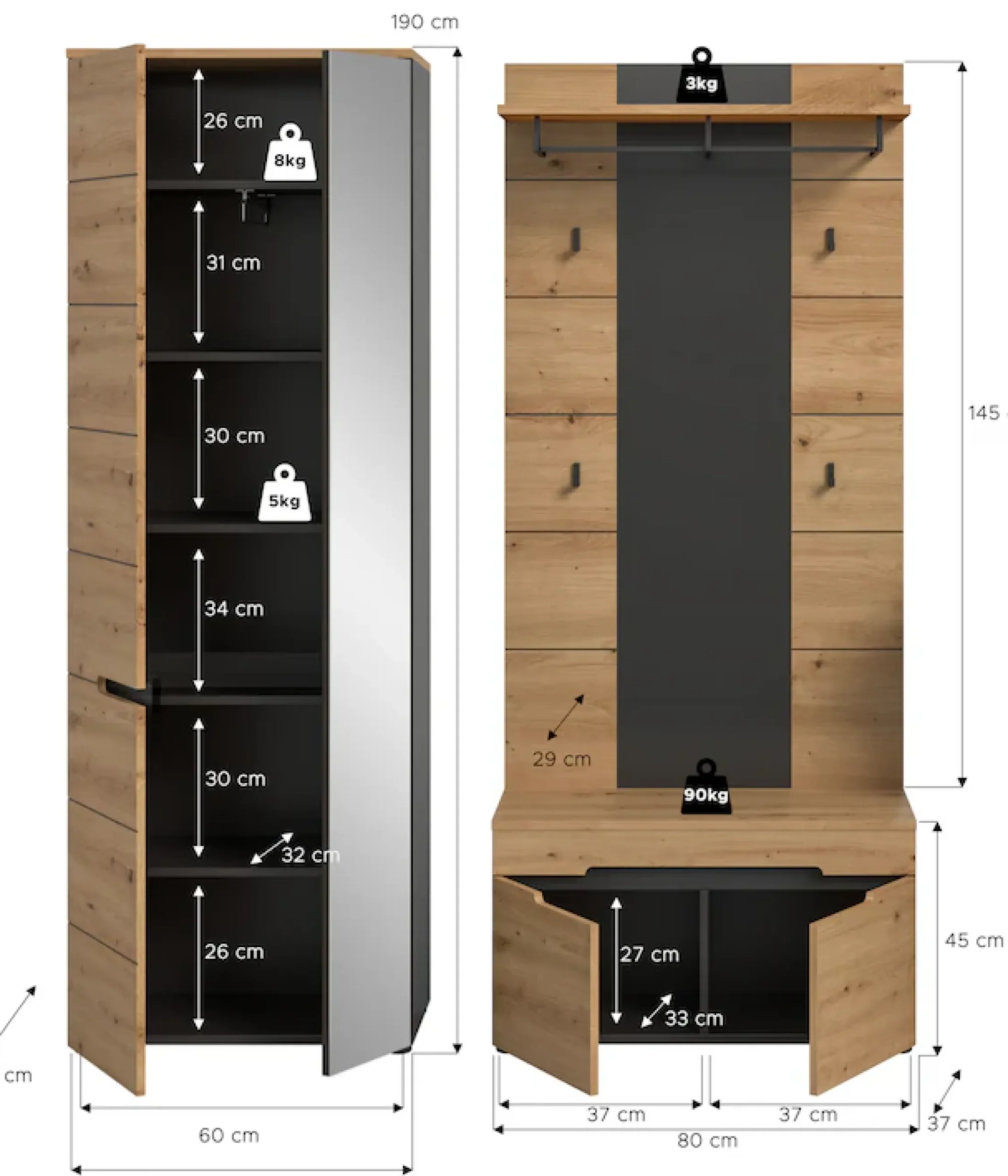 Home affaire Garderoben-Set »REHAT, TOPSELLER!, 3-teilig, Breite 160 cm, individuell erweiterbar« Set, bestehend aus: Garderobenschrank, Sitzbank und Paneel, 3 Stk. tlg.
