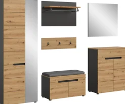 Home affaire Garderoben-Set »REHAT, TOPSELLER!, 6-teilig, Breite 255 cm, individuell erweiterbar« Set, Schrank, Sitzbank, Sitzkissen, Paneel, Hakenleiste, Spiegel, Kommode, 6 Stk. tlg.