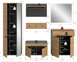 Home affaire Garderoben-Set »REHAT, TOPSELLER!, 6-teilig, Breite 255 cm, individuell erweiterbar« Set, Schrank, Sitzbank, Sitzkissen, Paneel, Hakenleiste, Spiegel, Kommode, 6 Stk. tlg.