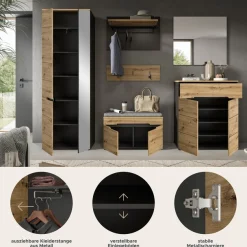 Home affaire Garderoben-Set »REHAT, TOPSELLER!, 6-teilig, Breite 255 cm, individuell erweiterbar« Set, Schrank, Sitzbank, Sitzkissen, Paneel, Hakenleiste, Spiegel, Kommode, 6 Stk. tlg.