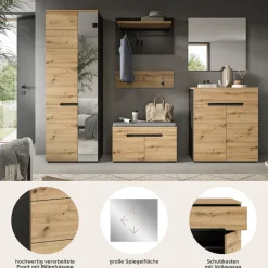 Home affaire Garderoben-Set »REHAT, TOPSELLER!, 6-teilig, Breite 255 cm, individuell erweiterbar« Set, Schrank, Sitzbank, Sitzkissen, Paneel, Hakenleiste, Spiegel, Kommode, 6 Stk. tlg.