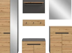 Home affaire Garderoben-Set »REHAT, TOPSELLER!, 6-teilig, Breite 255 cm, individuell erweiterbar« Set, Schrank, Sitzbank, Sitzkissen, Paneel, Hakenleiste, Spiegel, Kommode, 6 Stk. tlg.