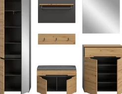 Home affaire Garderoben-Set »REHAT, TOPSELLER!, 6-teilig, Breite 255 cm, individuell erweiterbar« Set, Schrank, Sitzbank, Sitzkissen, Paneel, Hakenleiste, Spiegel, Kommode, 6 Stk. tlg.