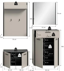 Home affaire Garderoben-Set »RAK, 4-teilige Garderoben-Kombination, Breite ca. 165 cm« Sitzbank, Garderobenpaneel, Schuhkommode, Spiegel, 4 Stk. tlg.