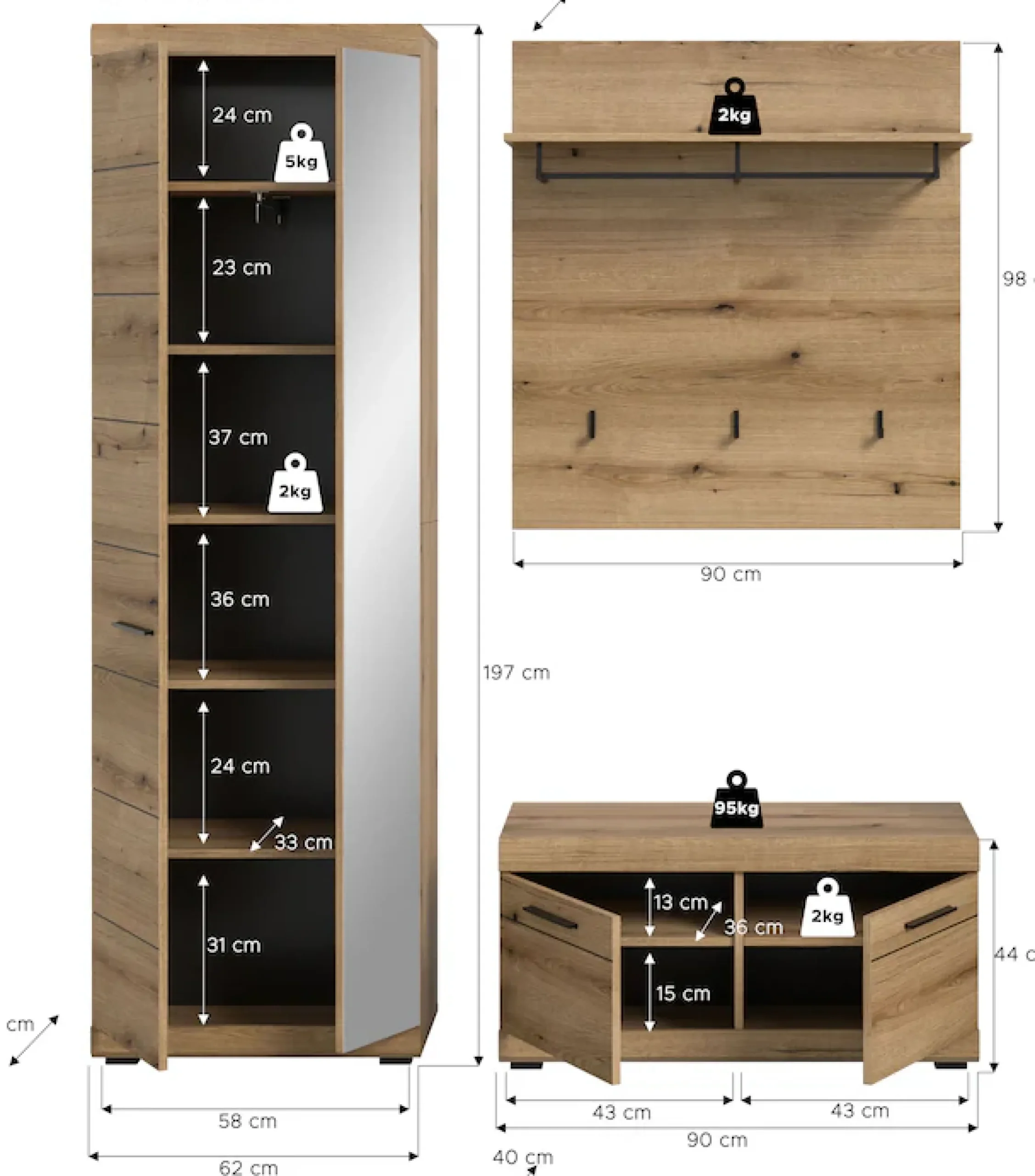 Home affaire Garderoben-Set »SIENA, Breite 167 cm, 3-teiliges Set, individuell stellbar« Komplett-Set, bestehend aus: Garderobenschrank, Sitzbank und Garderobenpaneel, 3 Stk. tlg.