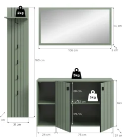 Home affaire Garderoben-Set »TATIO, 3-tlg. Garderobenkombination, Breite: 152 cm, Rilenfräsung« Set, Set, best. aus: 1 Garderobenpaneel, 1 Spiegel, 1 Schuhkommode, 3 Stk. tlg.