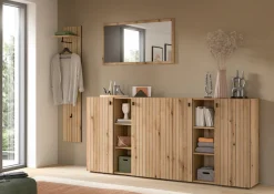 Home affaire Garderoben-Set »TATIO, 4-tlg. Garderobenkombination, Breite: 258 cm, Rillenfräsung« Set, Set, best. aus: 1 Spiegel, 1 Garderobenpaneel, 2 Schuhkommoden, 4 Stk. tlg.