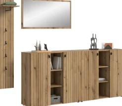 Home affaire Garderoben-Set »TATIO, 4-tlg. Garderobenkombination, Breite: 258 cm, Rillenfräsung« Set, Set, best. aus: 1 Spiegel, 1 Garderobenpaneel, 2 Schuhkommoden, 4 Stk. tlg.