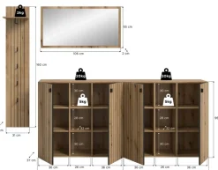 Home affaire Garderoben-Set »TATIO, 4-tlg. Garderobenkombination, Breite: 258 cm, Rillenfräsung« Set, Set, best. aus: 1 Spiegel, 1 Garderobenpaneel, 2 Schuhkommoden, 4 Stk. tlg.