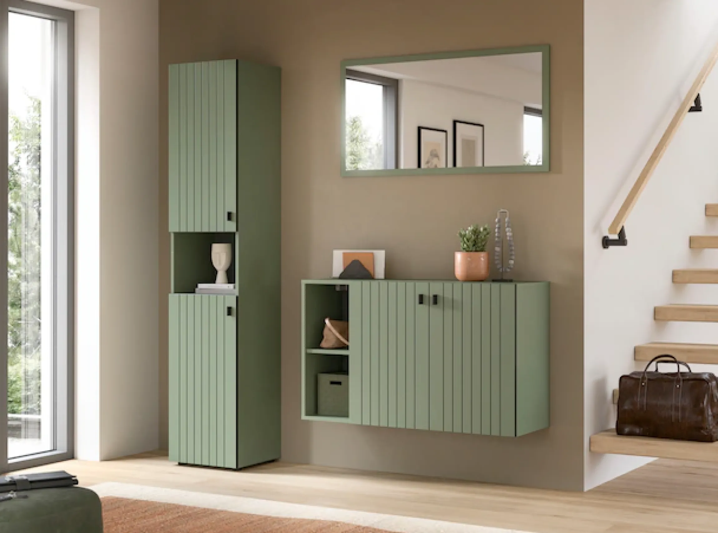 Home affaire Garderoben-Set »TATIO, 3-tlg. Garderobenkombination, Breite: 161 cm, Rillenfräsung« Set, Set, best. aus: 1 Spiegel, 1 Garderobenschrank, 1 Schuhkommode, 3 Stk. tlg.